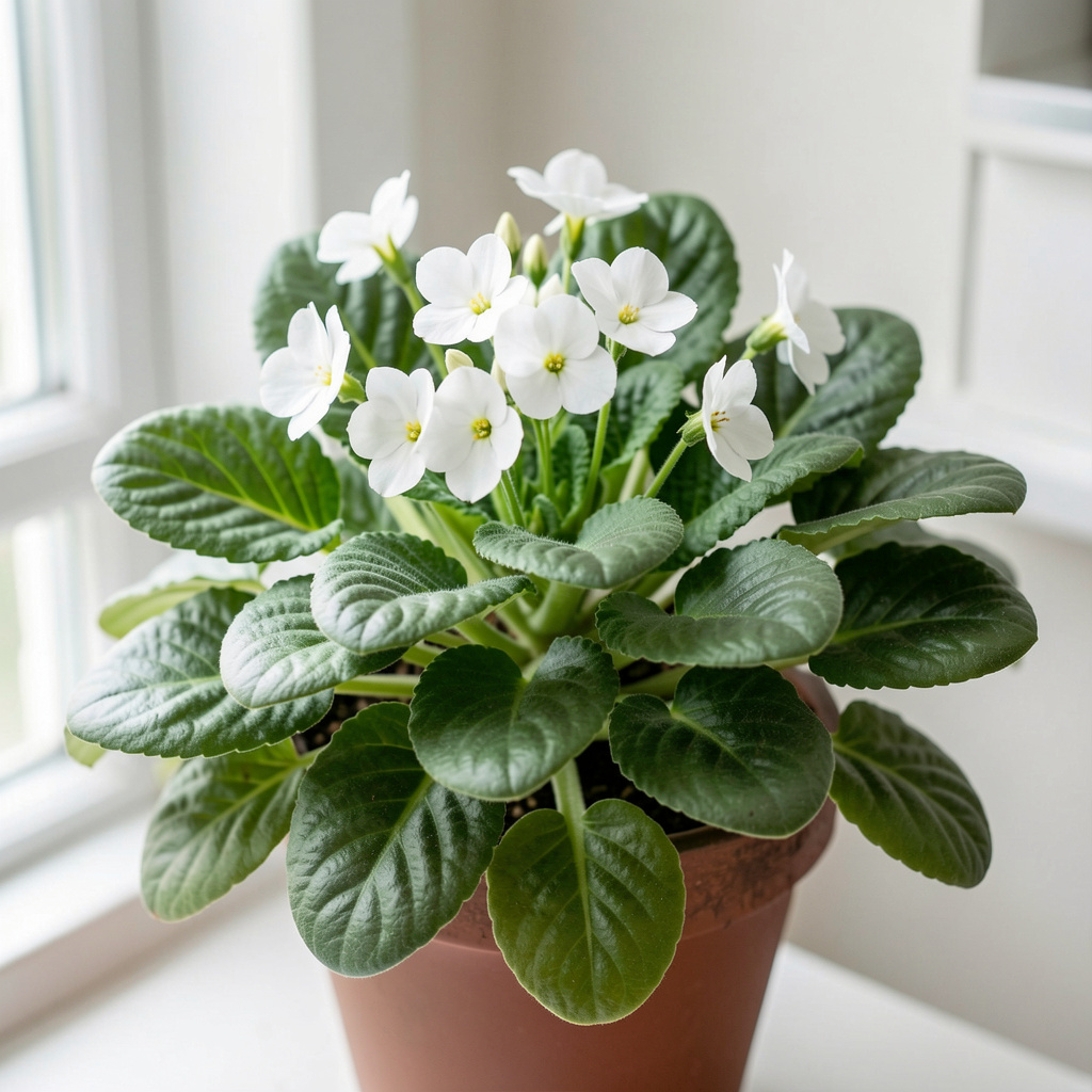 Fredskalla indendørs plante med hvide blomster og grønne blade